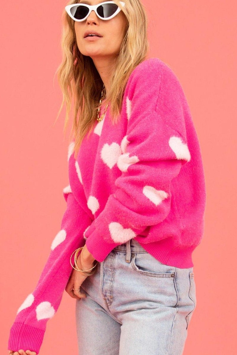 Fuzzy Bright Pink Valentine Hearts Sweater - Klazzi Fashion Boutique