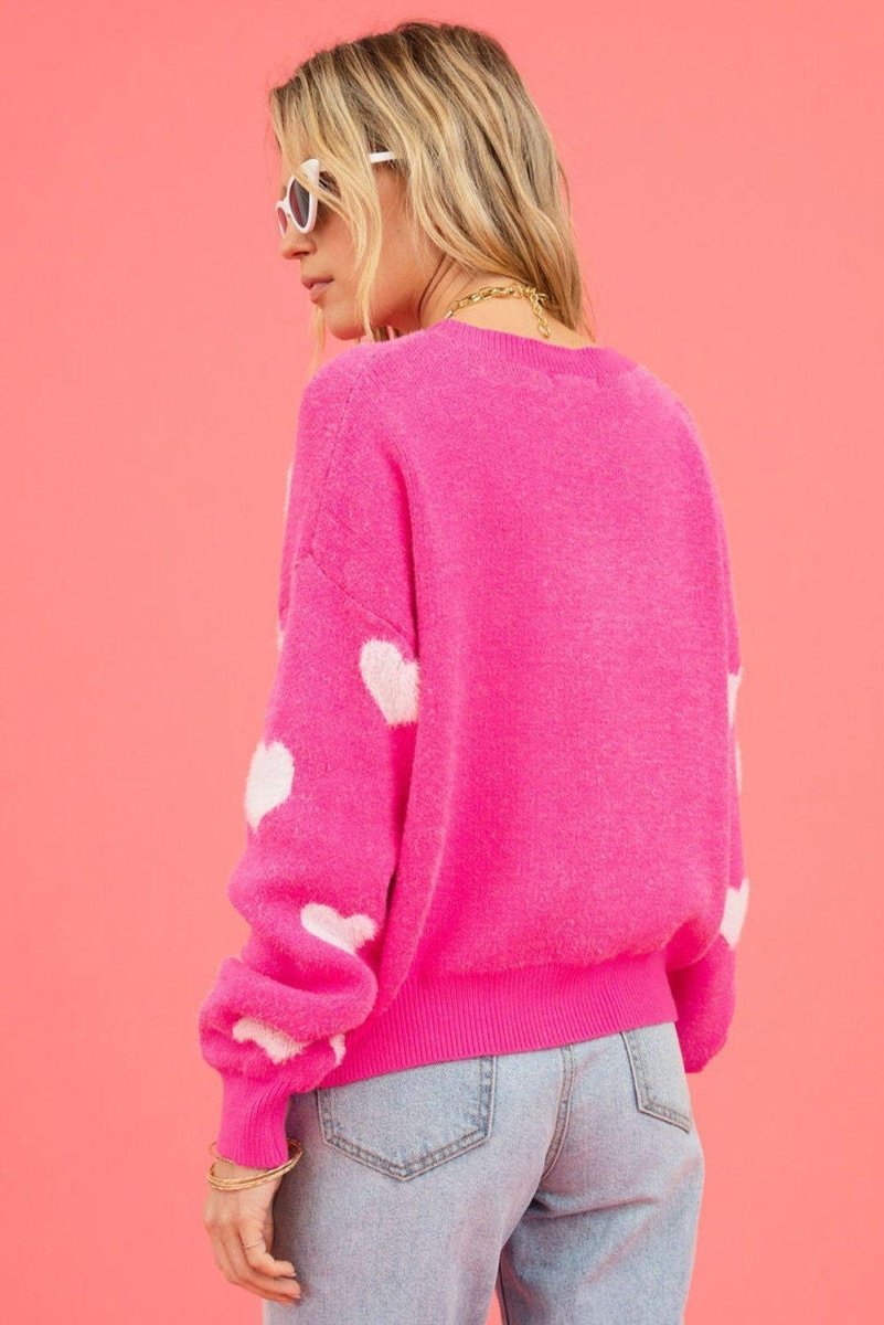 Fuzzy Bright Pink Valentine Hearts Sweater - Klazzi Fashion Boutique