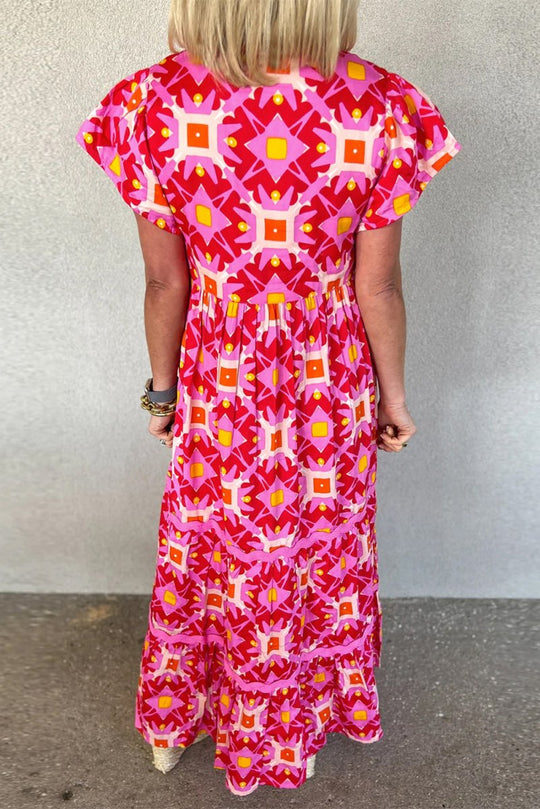 Geometric Strawberry Pink Maxi Dress - Klazzi Fashion Boutique