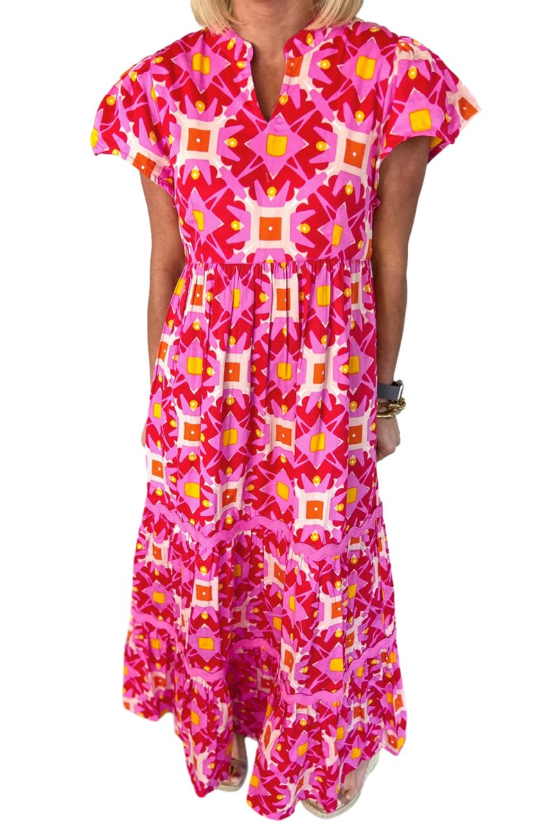 Geometric Strawberry Pink Maxi Dress - Klazzi Fashion Boutique