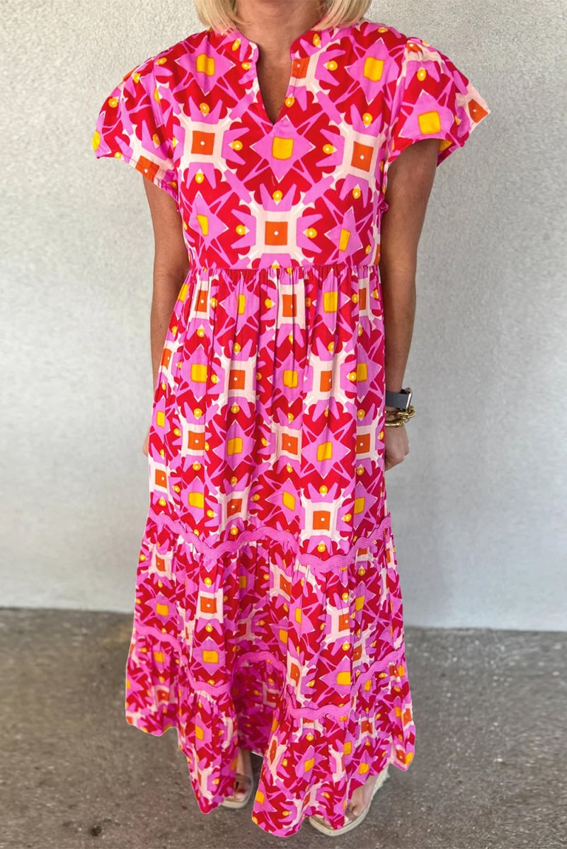 Geometric Strawberry Pink Maxi Dress - Klazzi Fashion Boutique