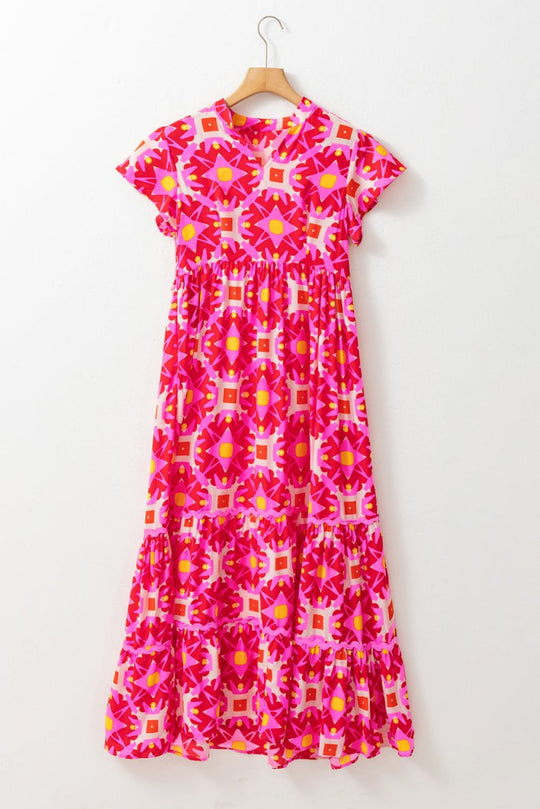 Geometric Strawberry Pink Maxi Dress - Klazzi Fashion Boutique