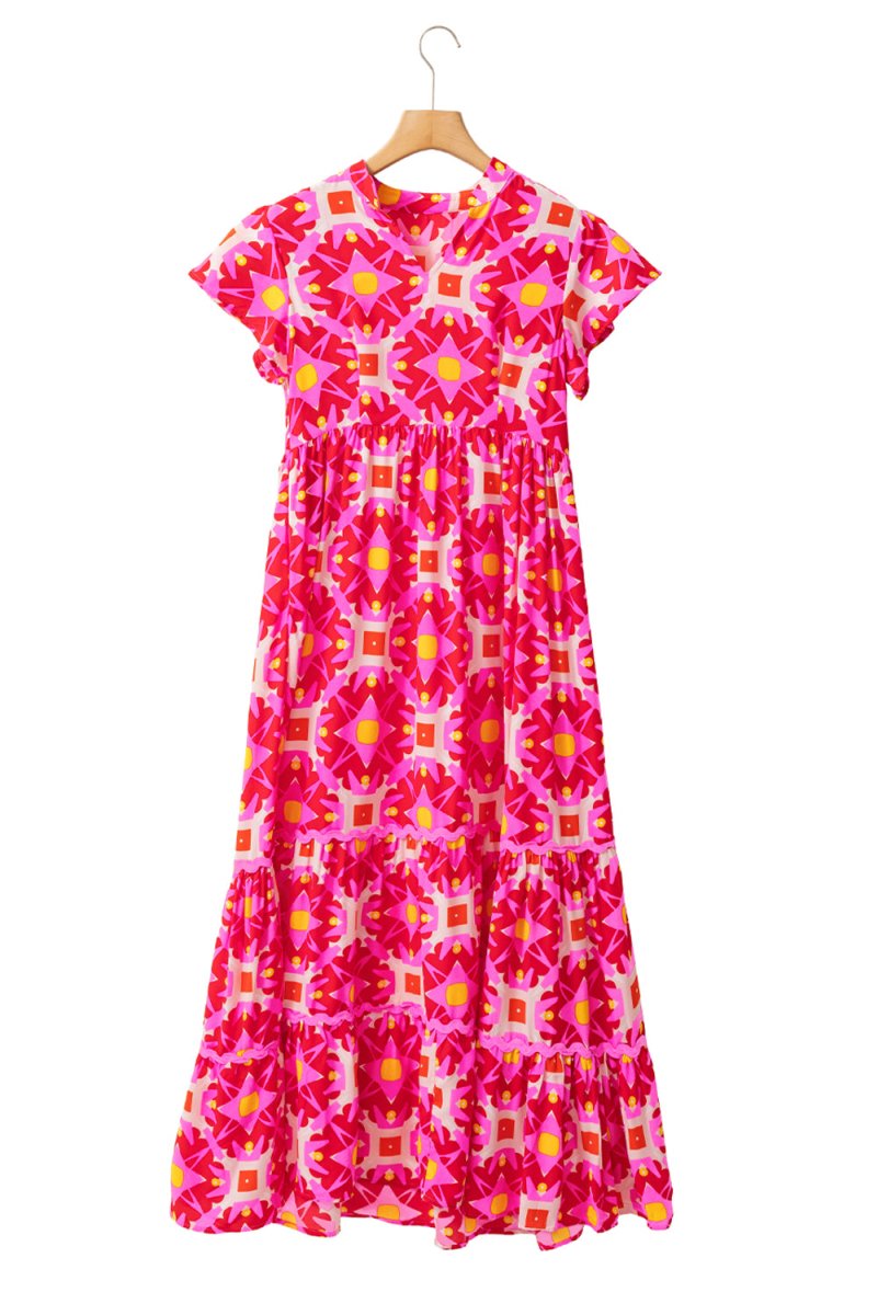 Geometric Strawberry Pink Maxi Dress - Klazzi Fashion Boutique