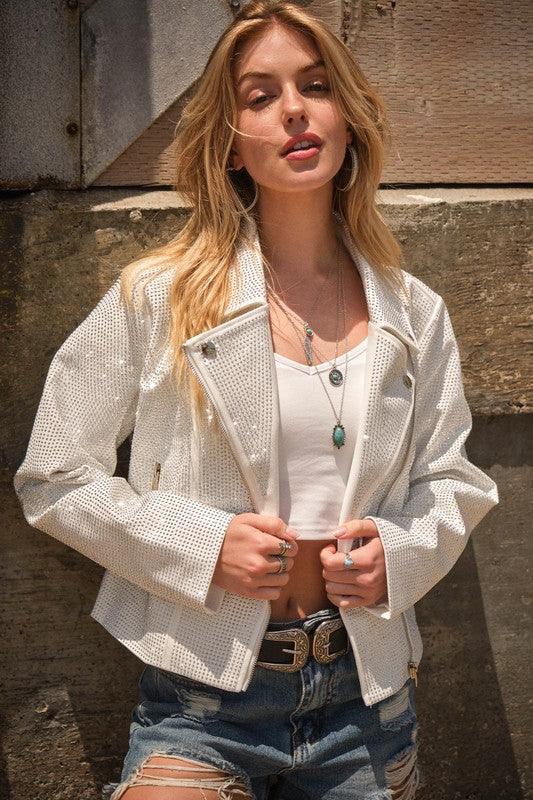 White Glam Rhinestone Studded Stretch Jacket