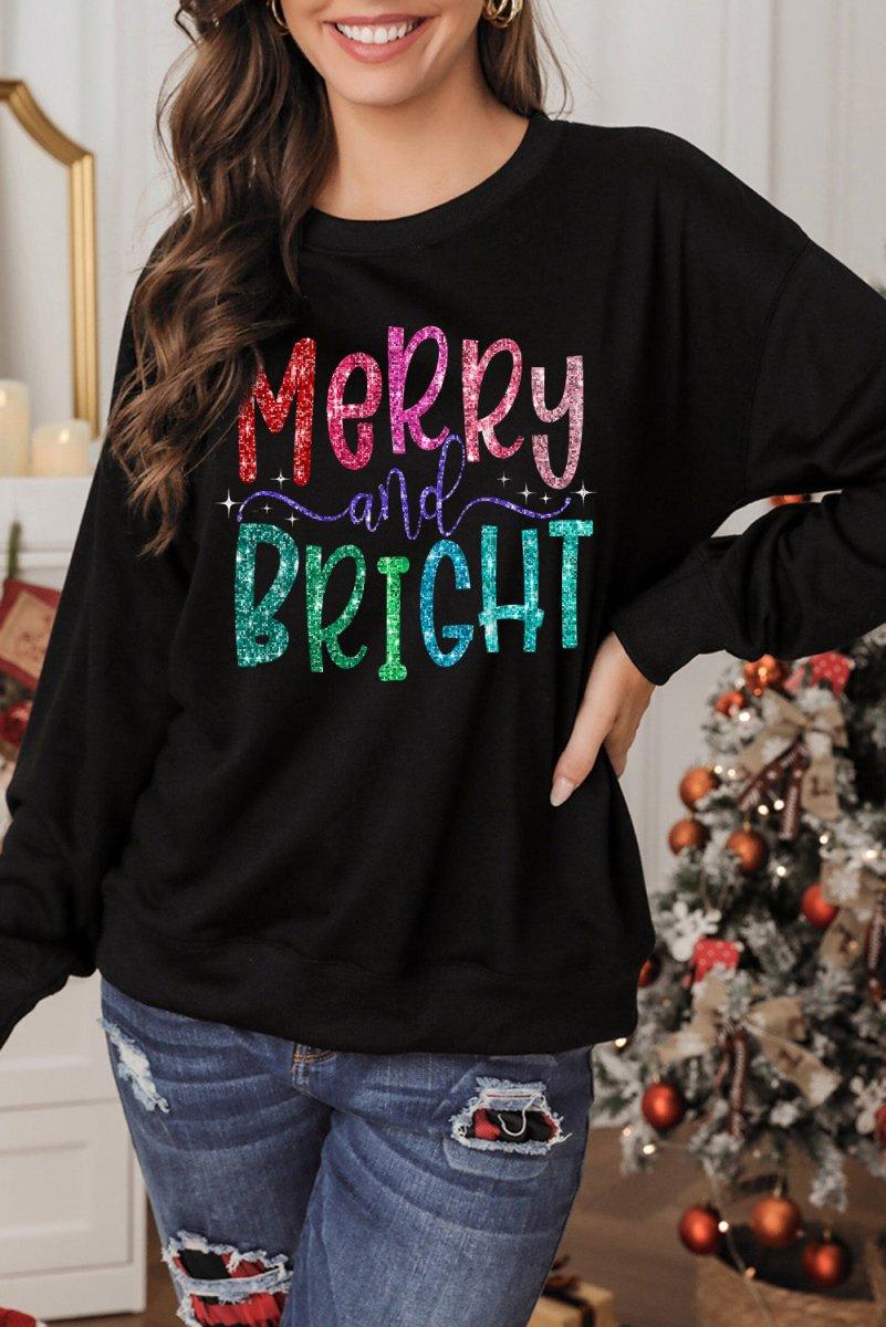 Glitter Merry and Bright Christmas Sweatshirt - Klazzi Fashion Boutique