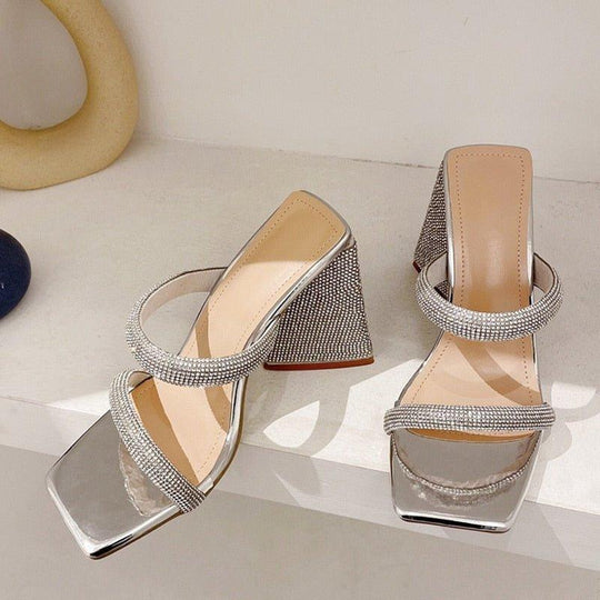 Glitter Rhinestones Triangle Heel Sandals - Klazzi Fashion Boutique