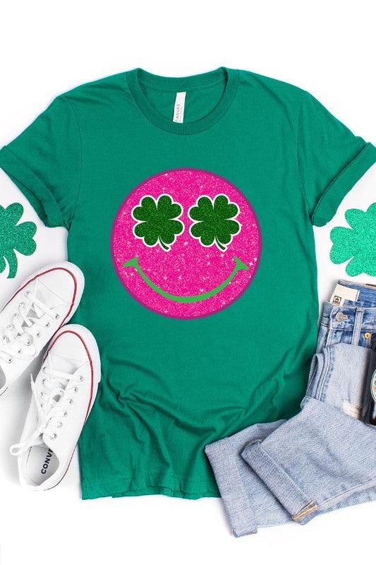 Glitter Smiley Face St Patricks Day Graphic T Shirts - Klazzi Fashion Boutique