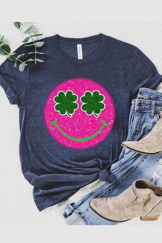 Glitter Smiley Face St Patricks Day Graphic T Shirts - Klazzi Fashion Boutique