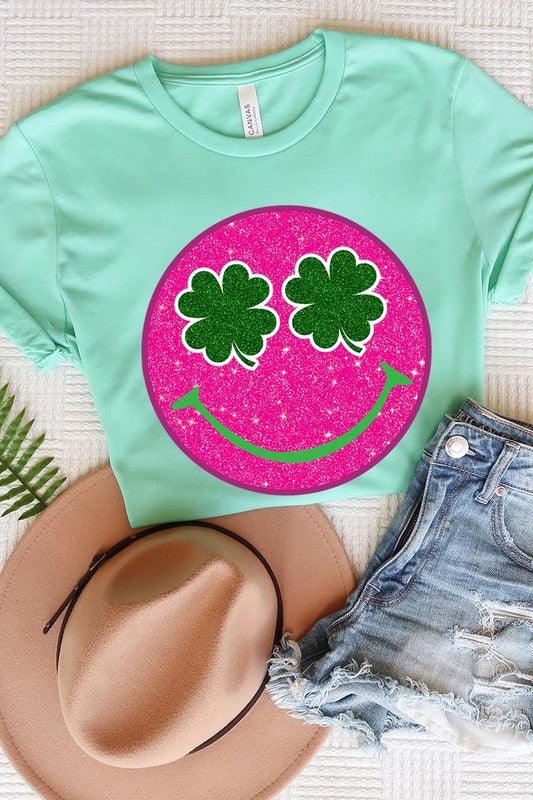 Glitter Smiley Face St Patricks Day Graphic T Shirts - Klazzi Fashion Boutique