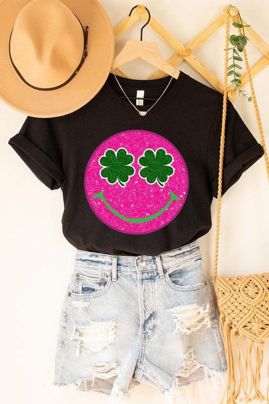 Glitter Smiley Face St Patricks Day Graphic T Shirts - Klazzi Fashion Boutique