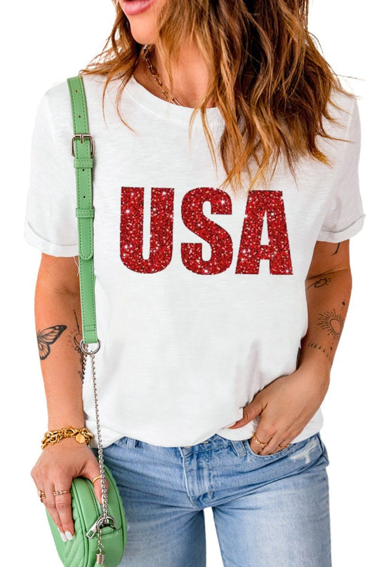 Glitter Sparkle "USA" Bold Graphic T Shirt - Klazzi Fashion Boutique