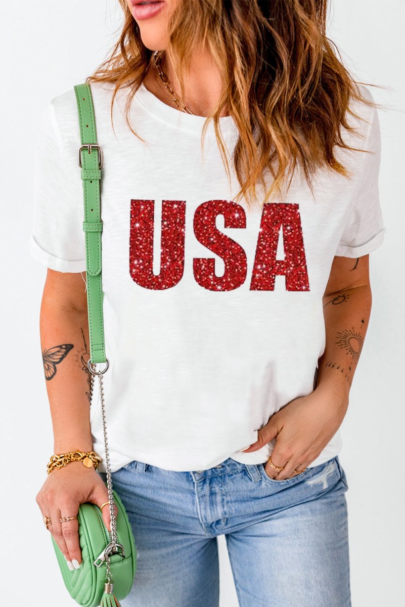 Glitter Sparkle "USA" Bold Graphic T Shirt - Klazzi Fashion Boutique