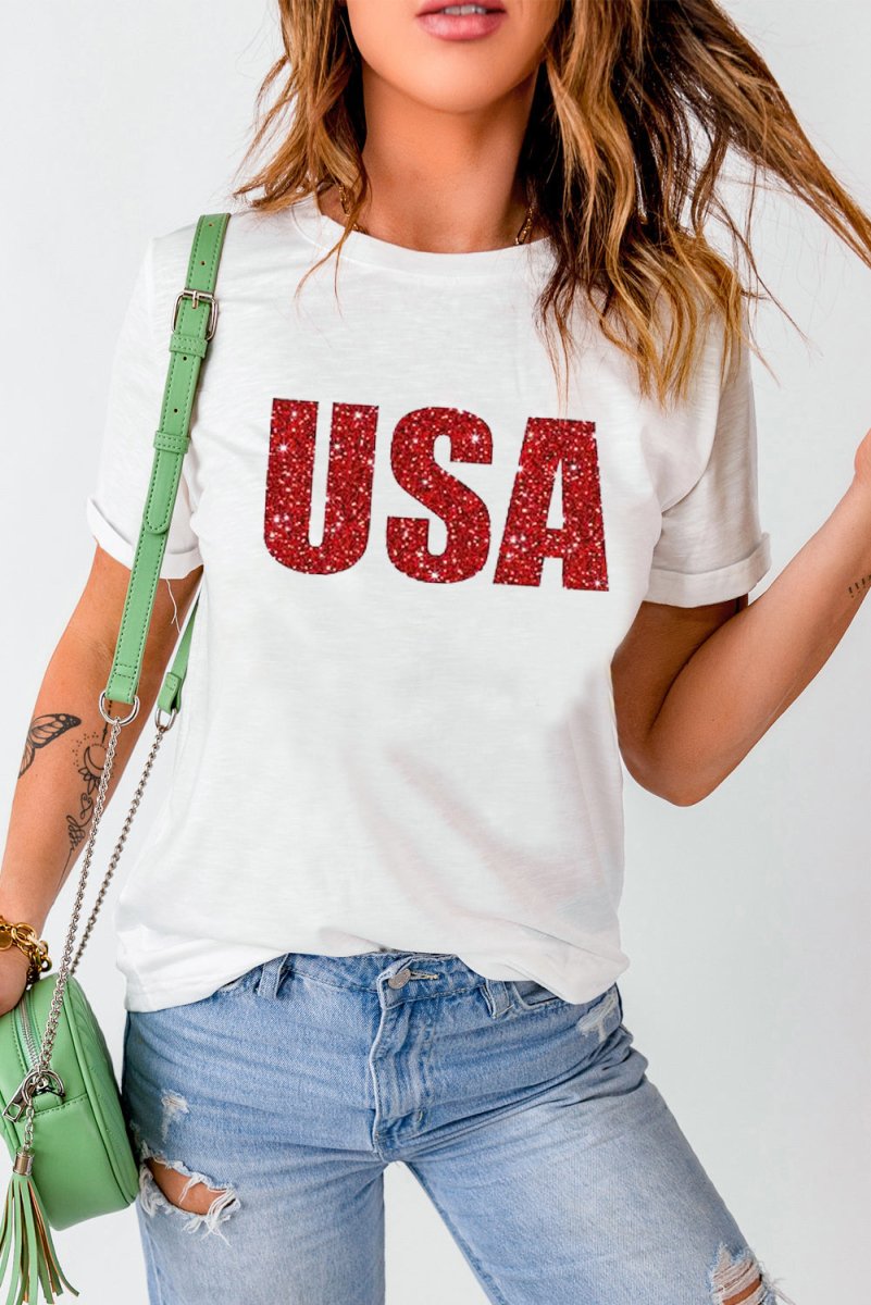 Glitter Sparkle "USA" Bold Graphic T Shirt - Klazzi Fashion Boutique