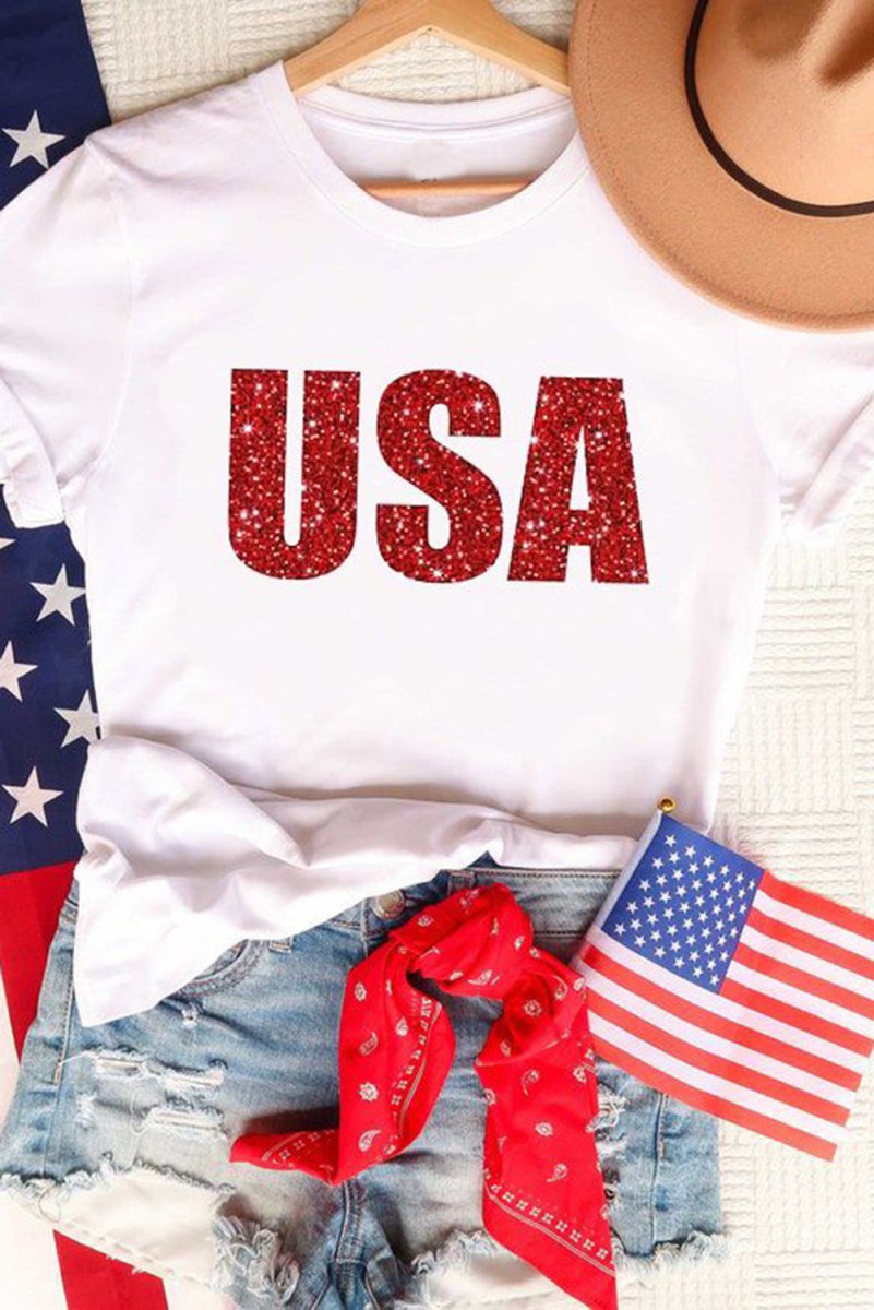 Glitter Sparkle "USA" Bold Graphic T Shirt - Klazzi Fashion Boutique