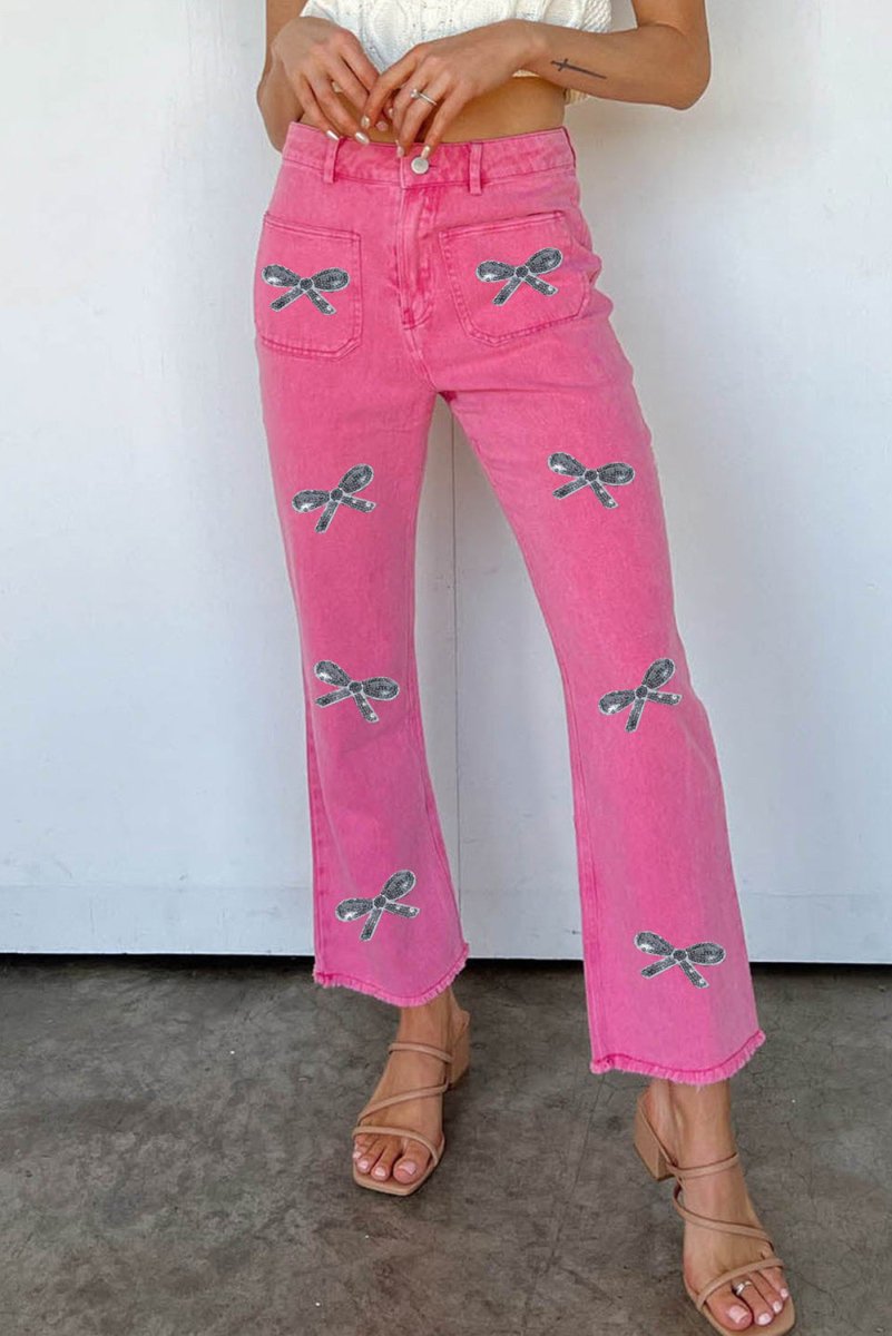 Glitter Sparle Sequin Pink High Waist Flared Jeans - Klazzi Fashion Boutique