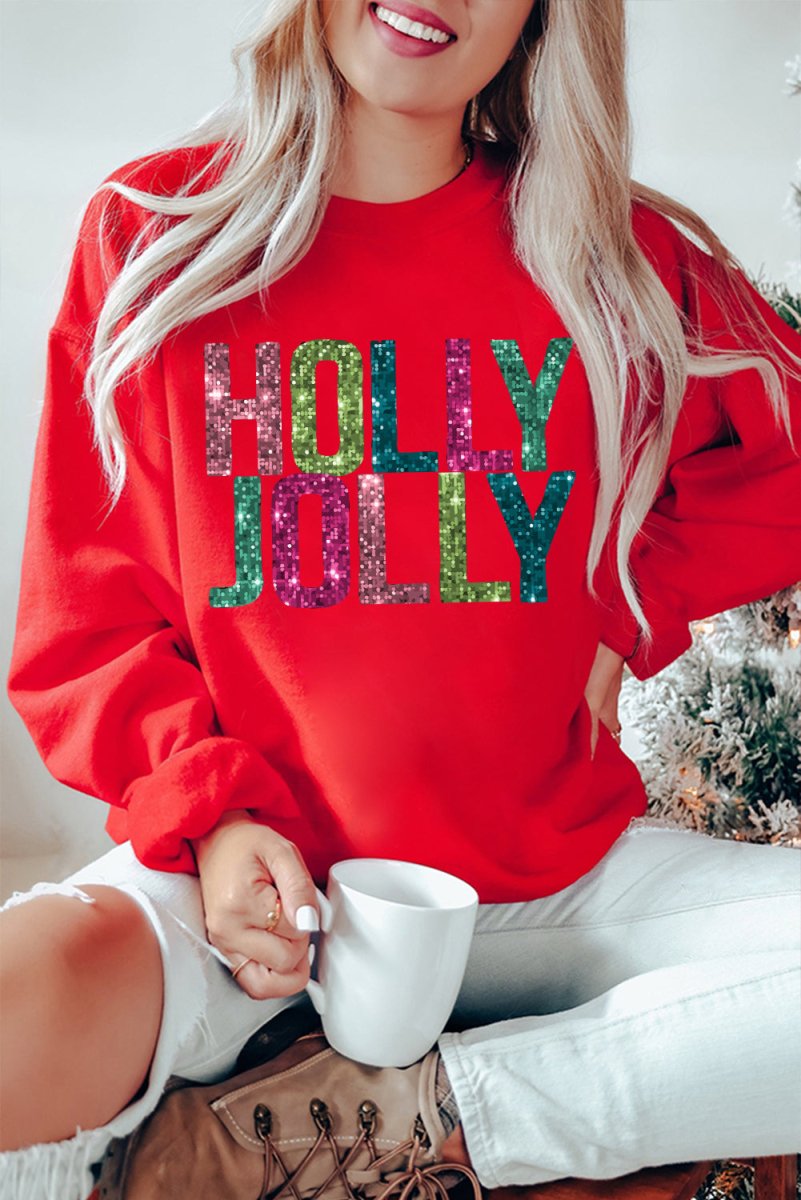 Glittering "HOLLY JOLLY" Christmas Sweatshirt - Klazzi Fashion Boutique