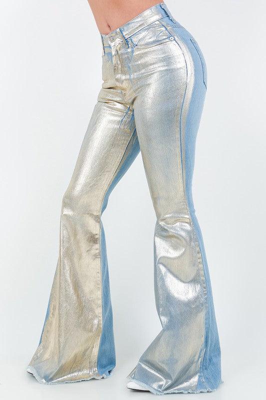 Gold Foil Denim Bell Bottom - Klazzi Fashion Boutique