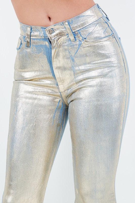 Gold Foil Denim Bell Bottom - Klazzi Fashion Boutique