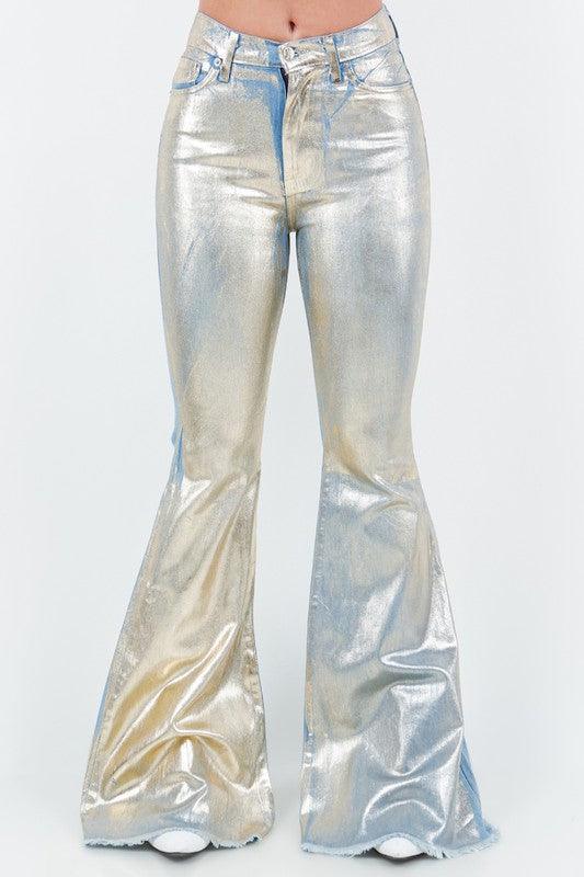 Gold Foil Denim Bell Bottom - Klazzi Fashion Boutique