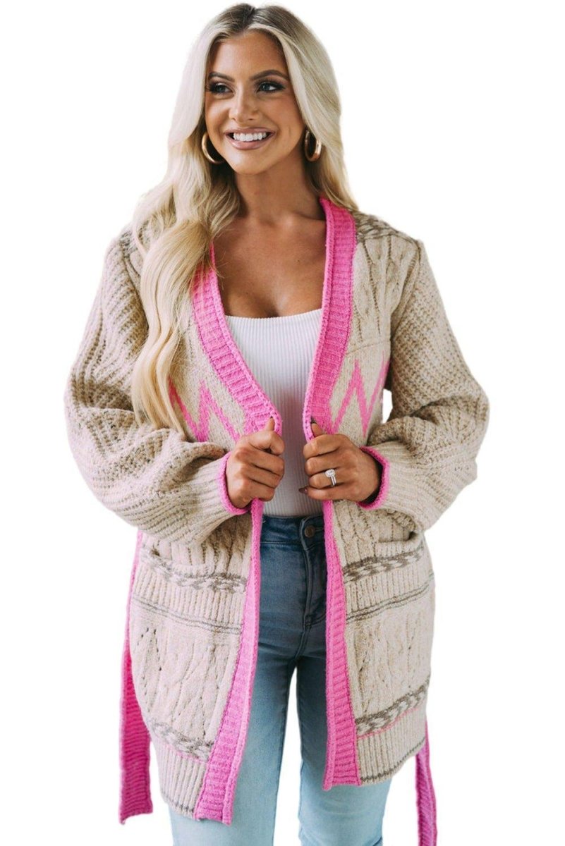 Gray and Pink Geometric Knit Cardigan - Klazzi Fashion Boutique