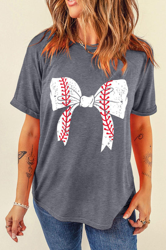 Gray Baseball Bowknot Graphic Casual Tee - Klazzi Fashion Boutique