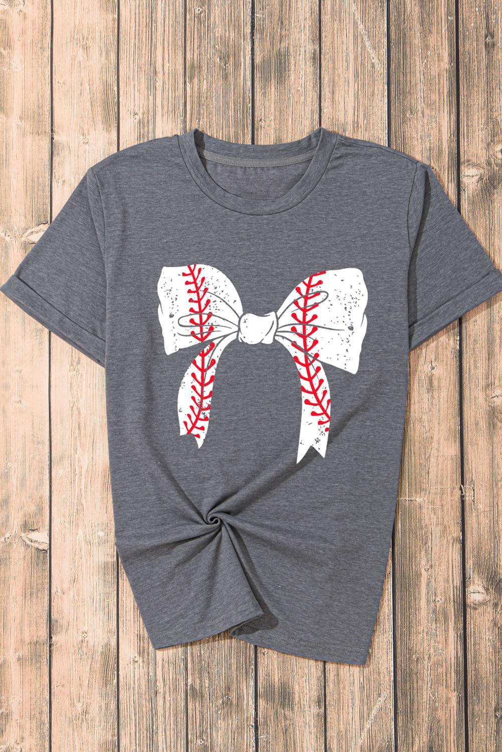 Gray Baseball Bowknot Graphic Casual Tee - Klazzi Fashion Boutique