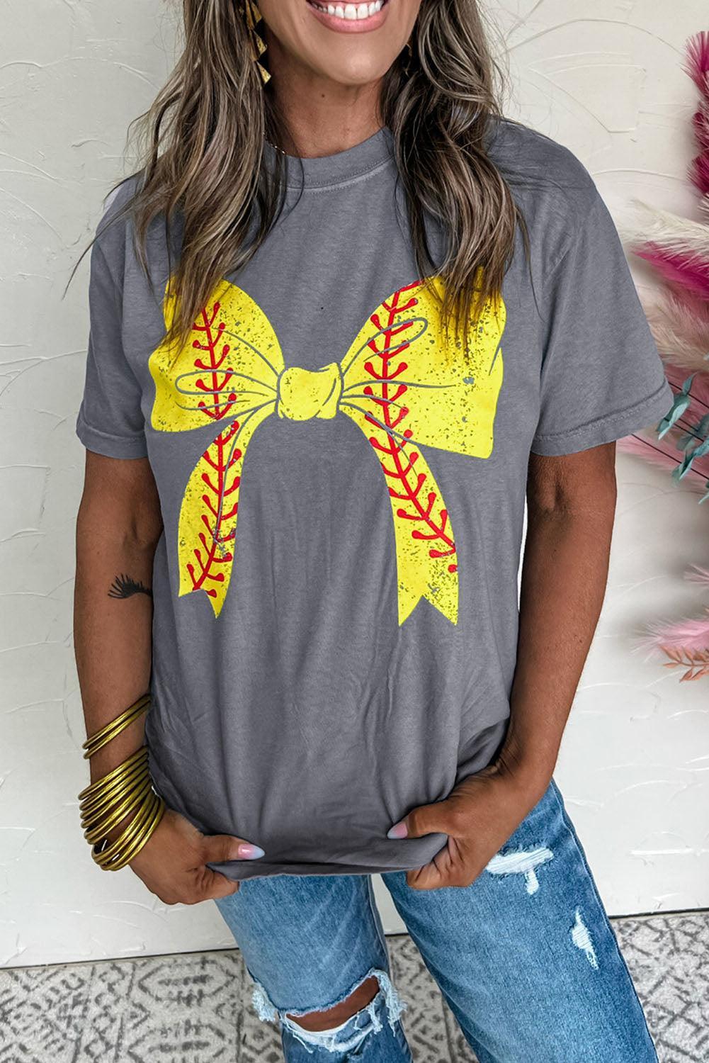 Gray Baseball Bowknot Graphic Casual Tee - Klazzi Fashion Boutique