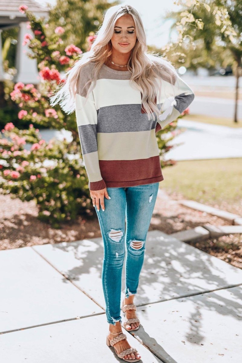 Gray Color Blocks Drop Shoulder Sweater - Klazzi Fashion Boutique