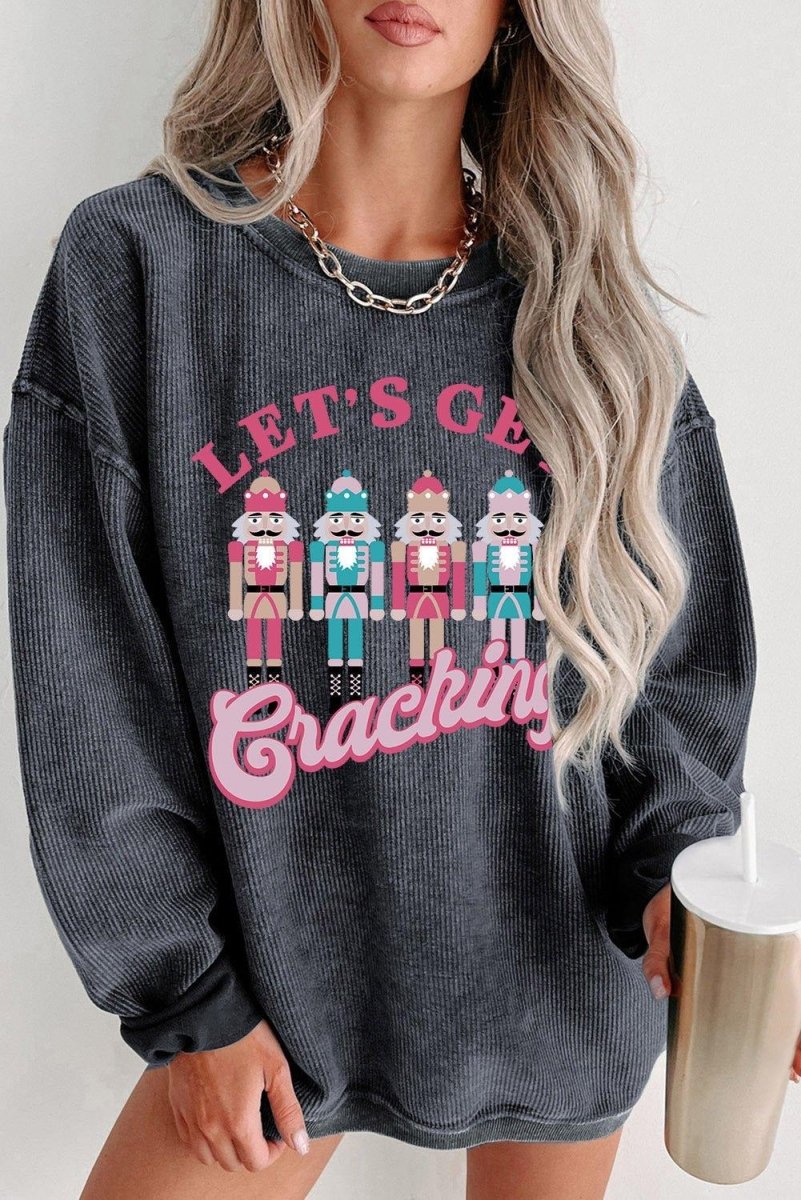 Gray Corduroy "Let's Get Cracking" Nutcracker Graphic Sweatshirt - Klazzi Fashion Boutique