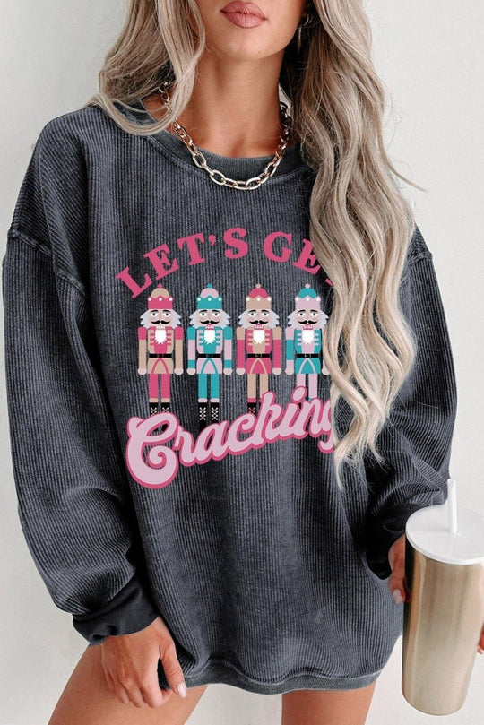 Gray Corduroy "Let's Get Cracking" Nutcracker Graphic Sweatshirt - Klazzi Fashion Boutique