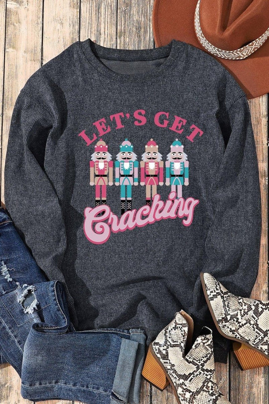 Gray Corduroy "Let's Get Cracking" Nutcracker Graphic Sweatshirt - Klazzi Fashion Boutique