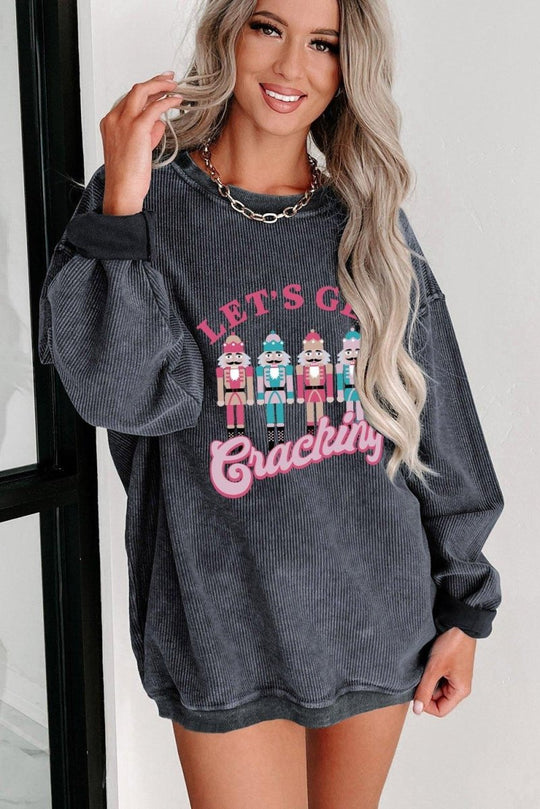 Gray Corduroy "Let's Get Cracking" Nutcracker Graphic Sweatshirt - Klazzi Fashion Boutique