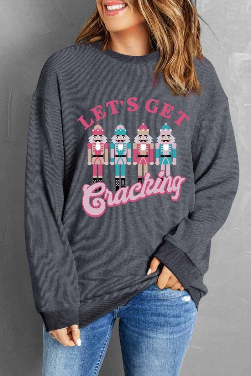 Gray Corduroy "Let's Get Cracking" Nutcracker Graphic Sweatshirt - Klazzi Fashion Boutique