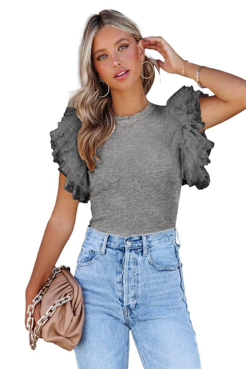 Gray Dotty Ruffle Knit Top - Klazzi Fashion Boutique