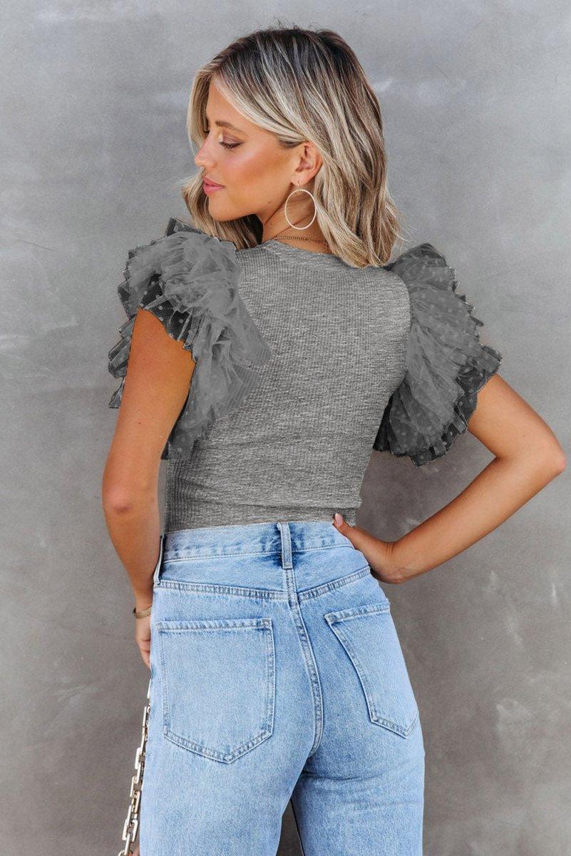 Gray Dotty Ruffle Knit Top - Klazzi Fashion Boutique