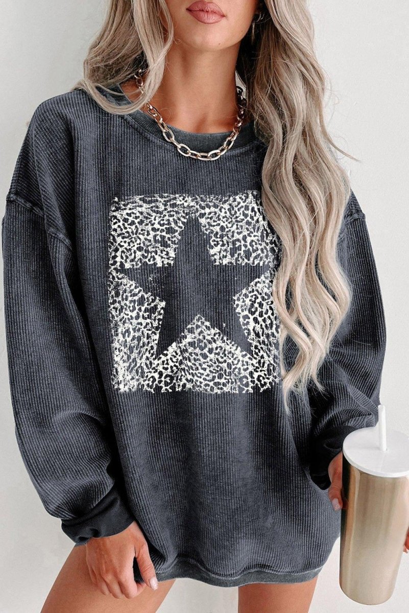 Gray Leopard Star Graphic Sweatshirt - Klazzi Fashion Boutique