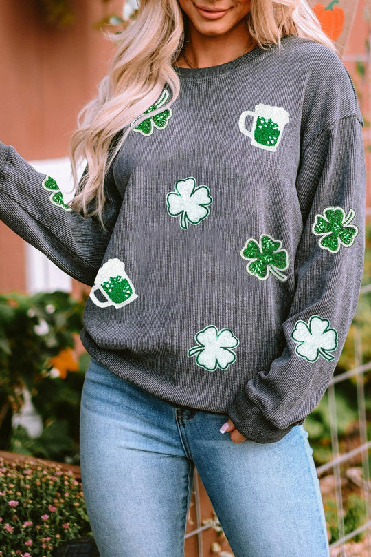  Corduroy Sequin Clover St Patrick Graphic Sweatshirt