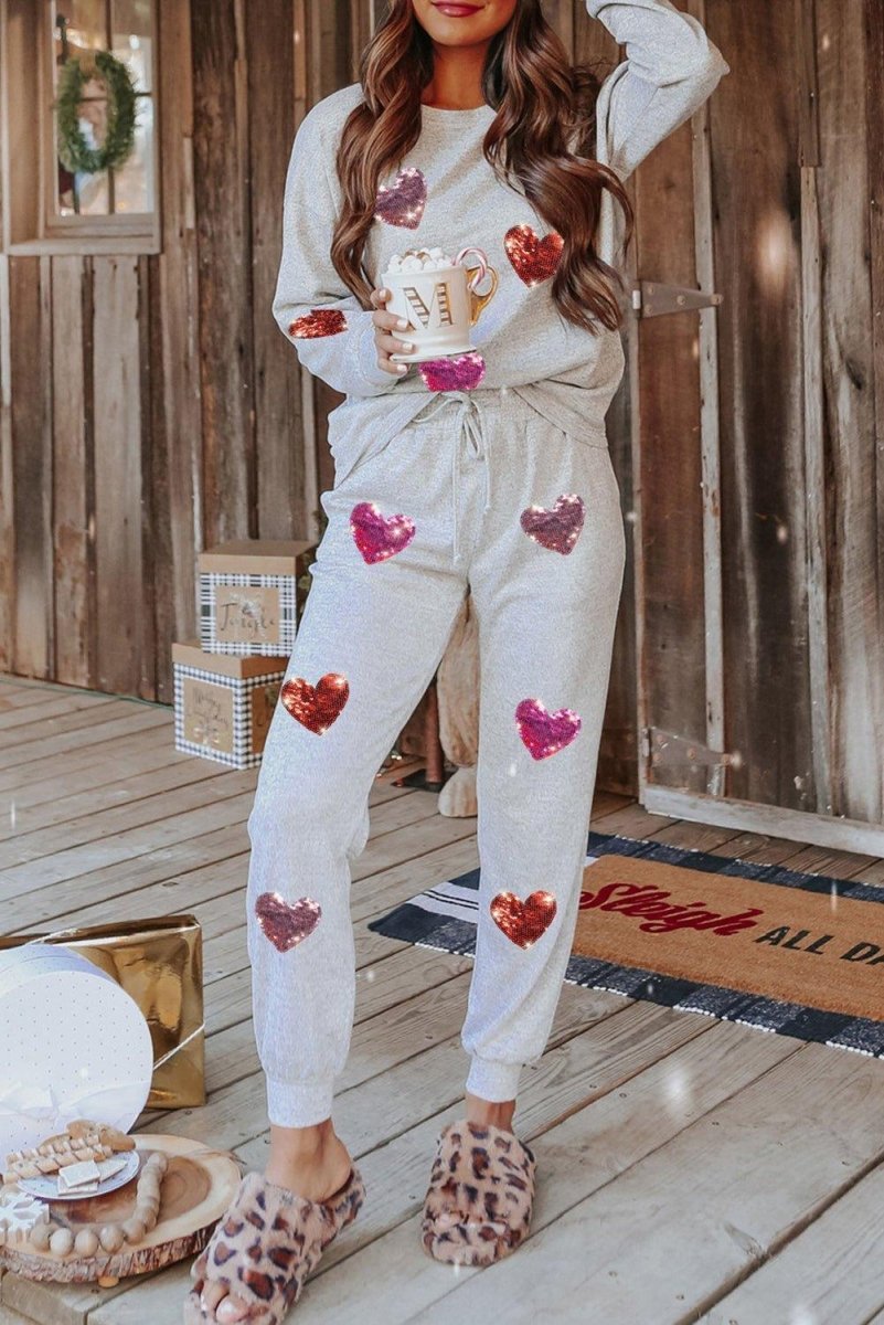 Gray Sequins Heart Valentine Jogger Set - Klazzi Fashion Boutique