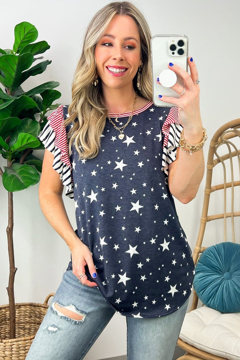 Gray Striped Ruffled Sleeve Star T Shirt - Klazzi Fashion Boutique