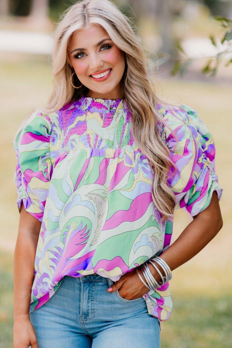 Green Abstract Bubble Sleeve Blouse - Klazzi Fashion Boutique