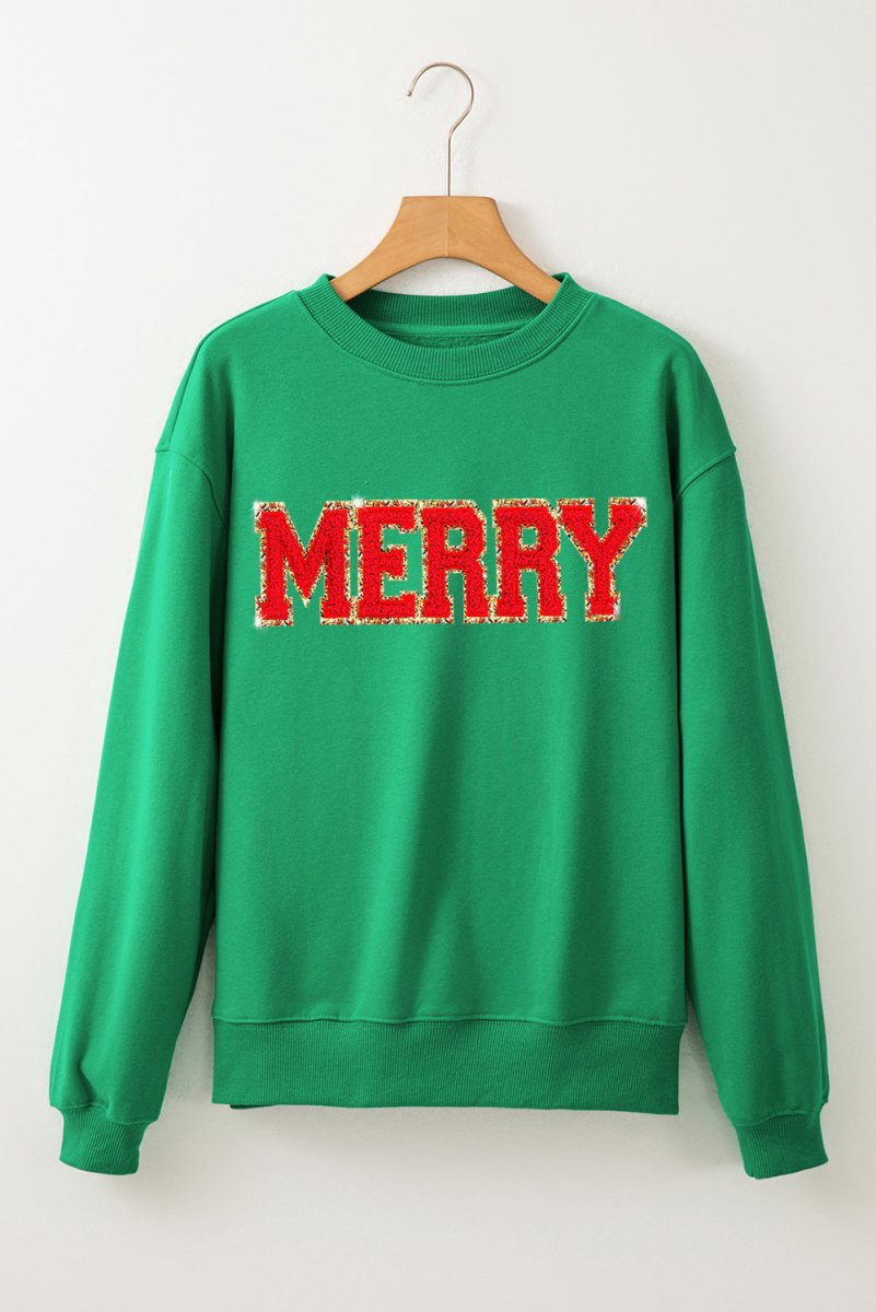 Green Christmas Chenille "MERRY" Graphic Sweatshirt - Klazzi Fashion Boutique