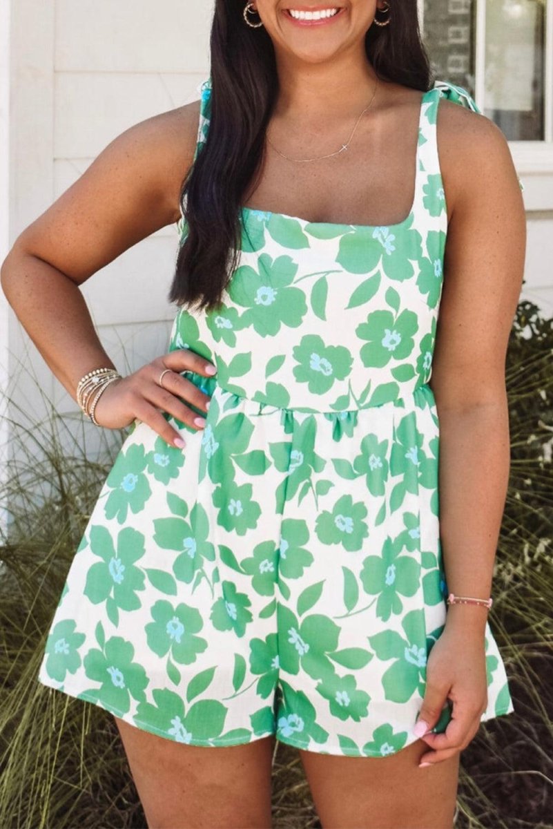 Green Flower Knotted Straps Romper Set - Klazzi Fashion Boutique