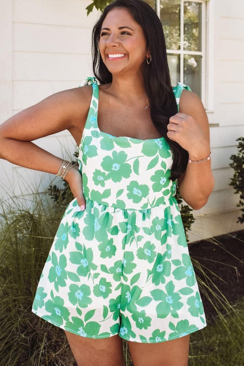 Green Flower Knotted Straps Romper Set - Klazzi Fashion Boutique