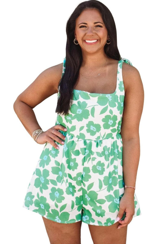 Green Flower Knotted Straps Romper Set - Klazzi Fashion Boutique