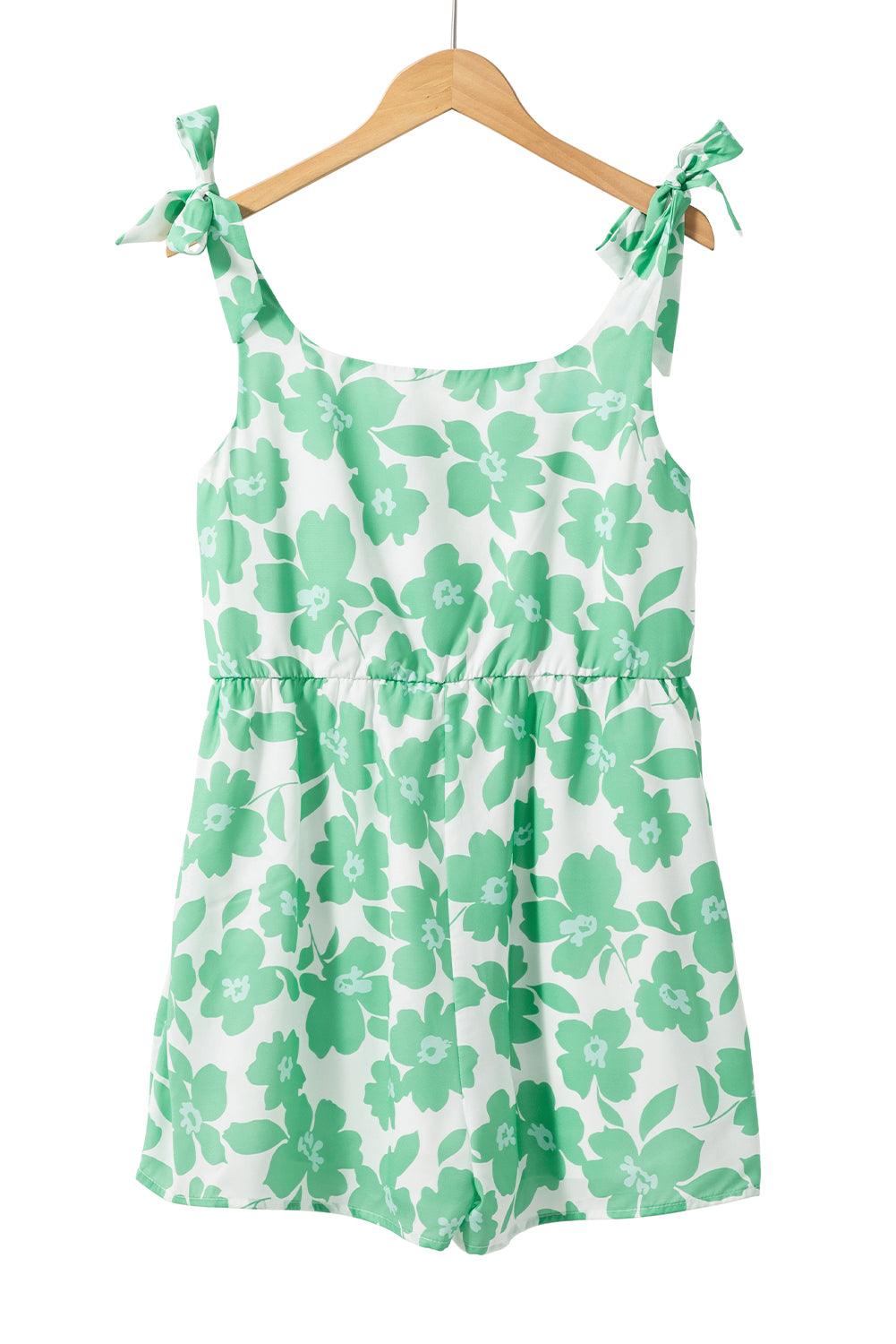 Green Flower Print Knotted Straps Square Neck Romper - Klazzi Fashion Boutique