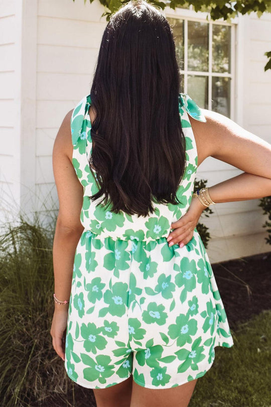 Green Flower Knotted Straps Romper Set