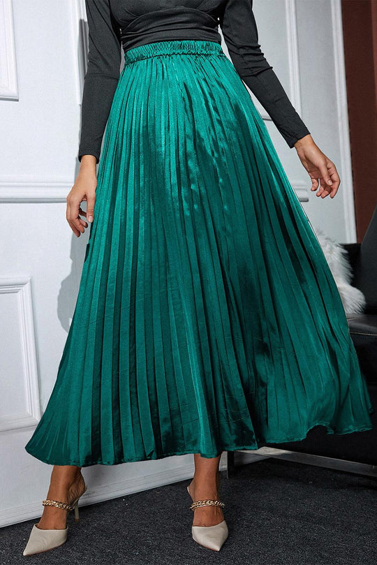 Satin Green Holiday Pleated Maxi Skirt