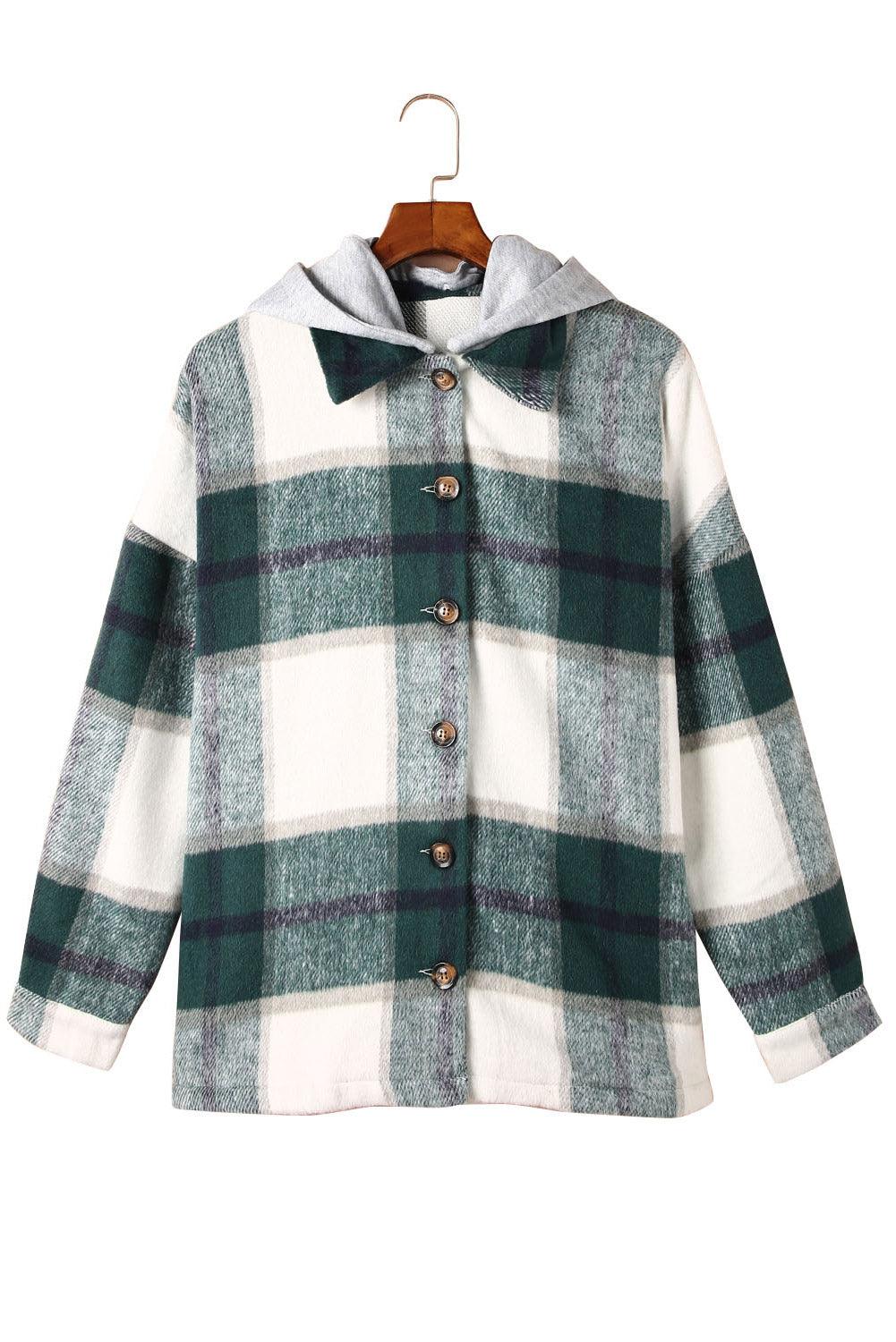 Green Hooded Plaid Shacket