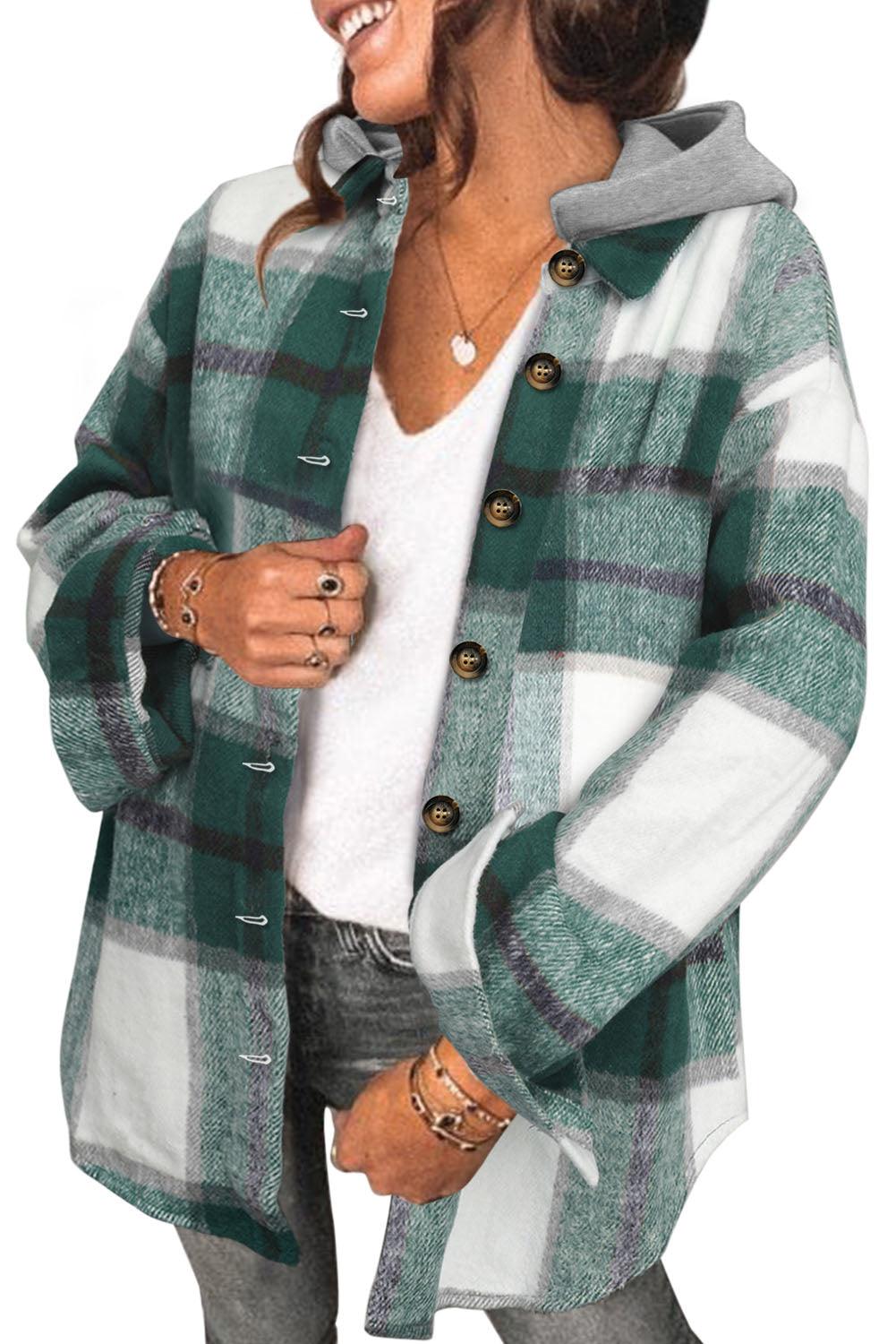 Green Hooded Plaid Shacket