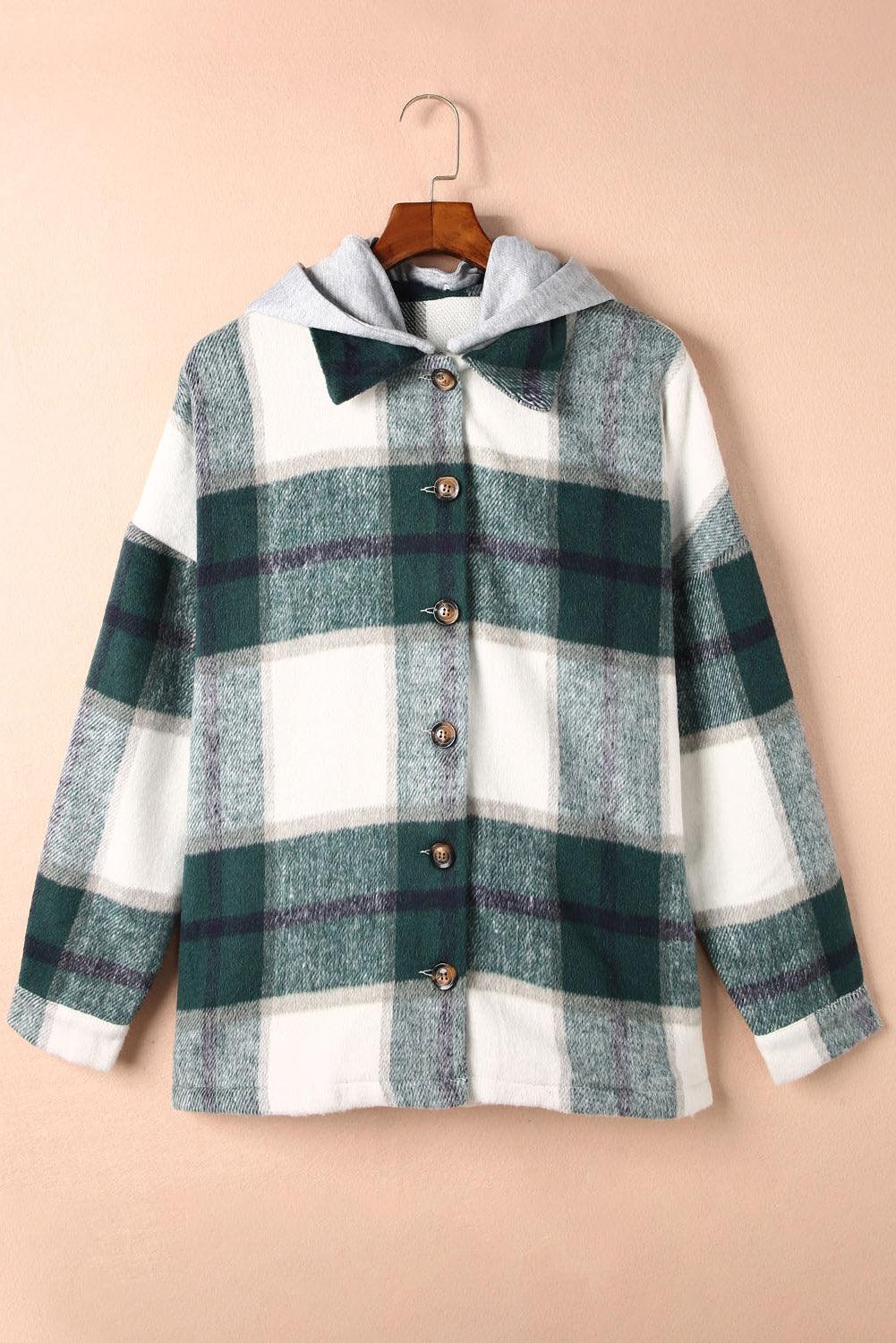 Green Hooded Plaid Shacket